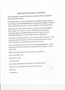 Cafe of Life volunteer letter