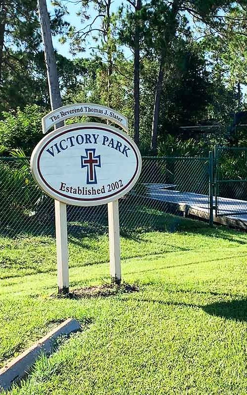 Rev. Thomas J. Slater Victory Park Welcome Sign and Entrance | Christus Victor Lutheran Church Naples & Bonita Springs